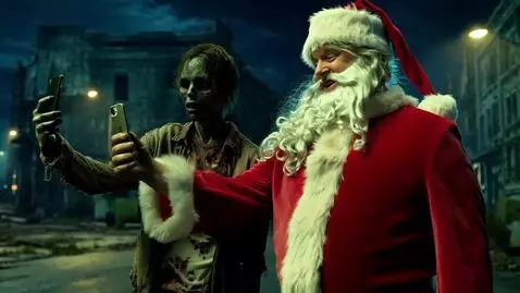 AI Video from prompt: A zombie and Santa Claus taking a selfie.