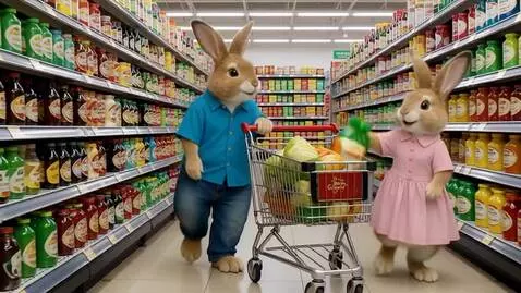 AI Video from prompt: Два милых пушистых зайца идут на задних лапах по