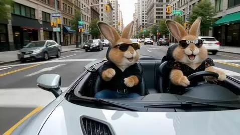 AI Video from prompt: Два милых пушистых зайца : Он в тёмных очках, в 