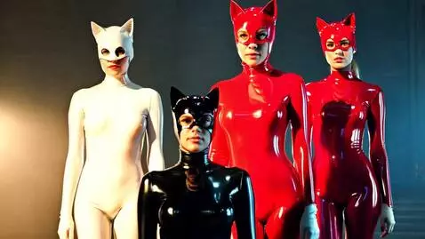 AI Video from prompt: 3 Catwomen standing together, one in white one i