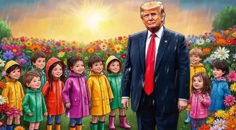 AI Video from prompt: Donald Trump welcoming children under rain with 