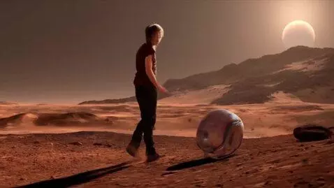 AI Video from prompt: A person walking on Mars with aliens and Elon mu