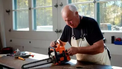 AI Video from prompt: Master repairs chainsaw in garage. Not old maste