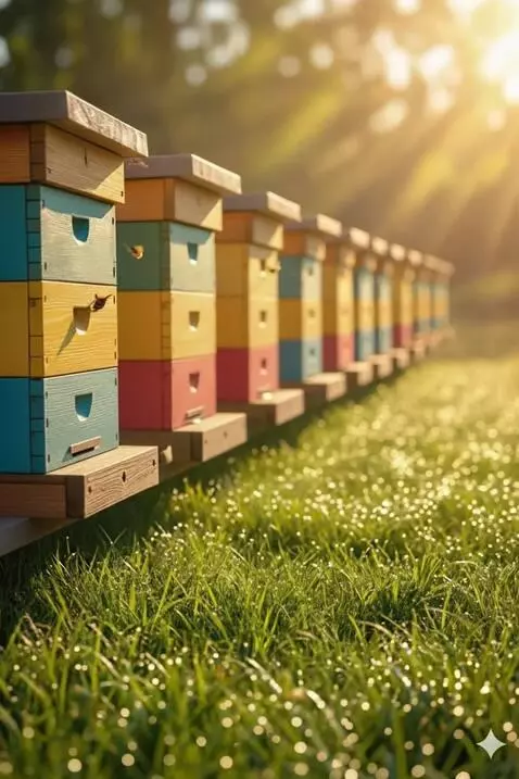 AI Video from prompt: "Photorealistic video of a beekeeping apiary at 