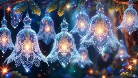 AI Video from prompt: forest bells made of white-silver thinnest glass