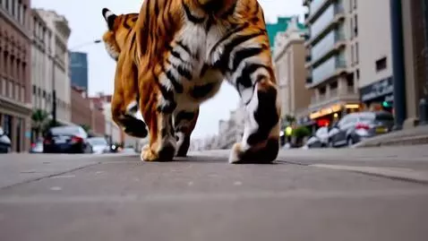 AI Video from prompt: Tiger running  scared  on the streets  of las Va