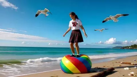 AI Video from prompt: schoolgirl stepping on beach ball