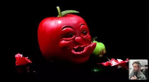 AI Video from prompt: Apple with face eats another apple without face,