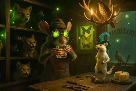 AI Video from prompt: The rat slowly picks up the glass and drinks. As