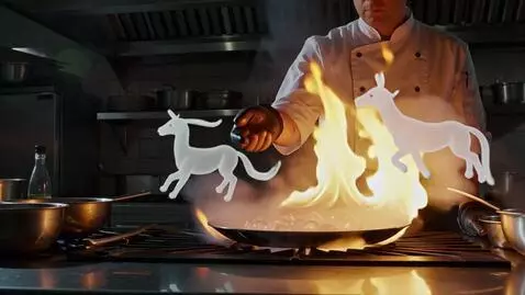 AI Video from prompt: A chef with implant gloves throws ice into the f