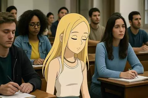 AI Video from prompt: Мультипликационная девушка среди реальных студен