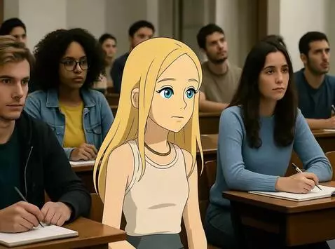 AI Video from prompt: Мультипликационная девушка среди реальных студен