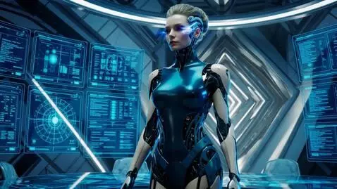 AI Video from prompt: A hybrid human AI lady of the Synthekai arrives 