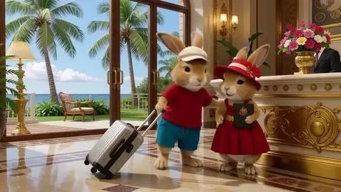 AI Video from prompt: Два милых пушистых зайца на задних лапах : он в 