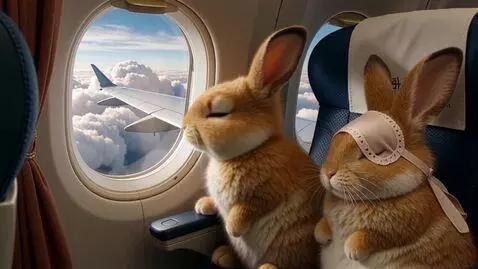 AI Video from prompt: Два милых пушистых зайца летят в самолете. Сидят