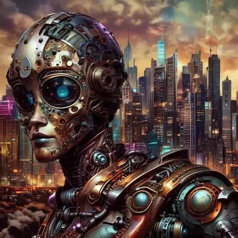 AI Video from prompt: Android warrior in a dystopian city with flying 