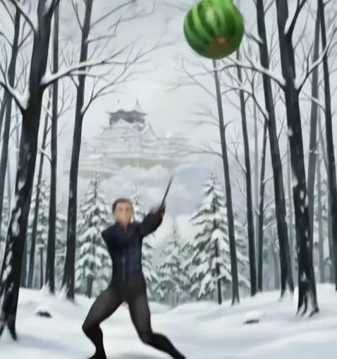 AI Video from prompt: В человека летит арбуз. Человек острой катаной р