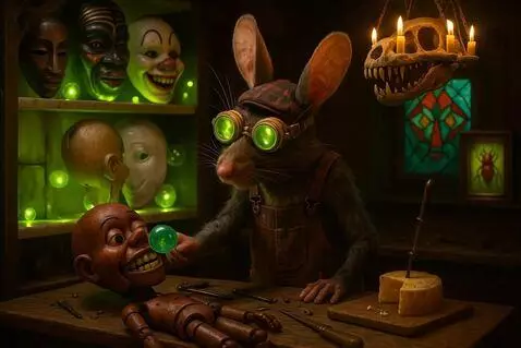 AI Video from prompt: The heads' look at rat. The rat extends lollipop