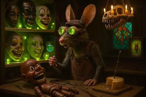 AI Video from prompt: The heads' look at rat. The rat extends lollipop