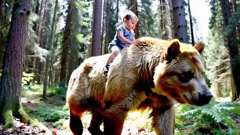 AI Video from prompt: A toddler is riding on the back of a giant bear 