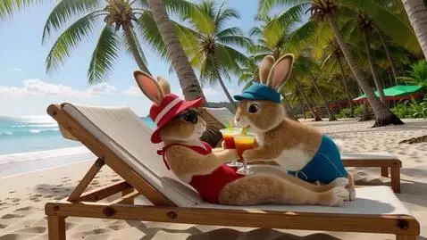 AI Video from prompt: Два милых пушистых зайца на задних лапах на пляж