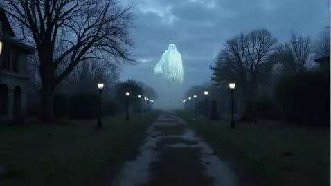 AI Video from prompt: o fantomă imensă merge printr-o gradină cu lampa