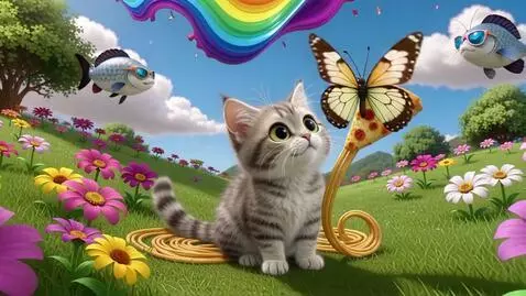 AI Video from prompt: A 3D cartoon kitten with huge glowing eyes sits 