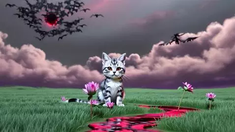 AI Video from prompt: A wide 16:9 shot of a 3D cartoon kitten with sha