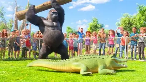 AI Video from prompt: A funny and exaggerated zoo scene: a huge gorill