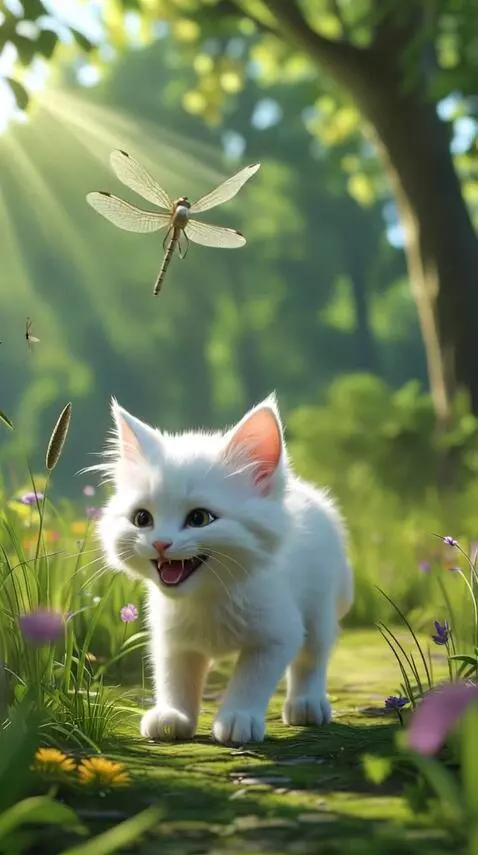 AI Video from prompt: The white kitten with pink ears joyfully runs ar