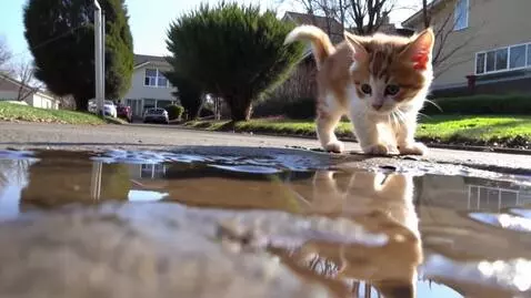 AI Video from prompt: The kitten saw a puddle