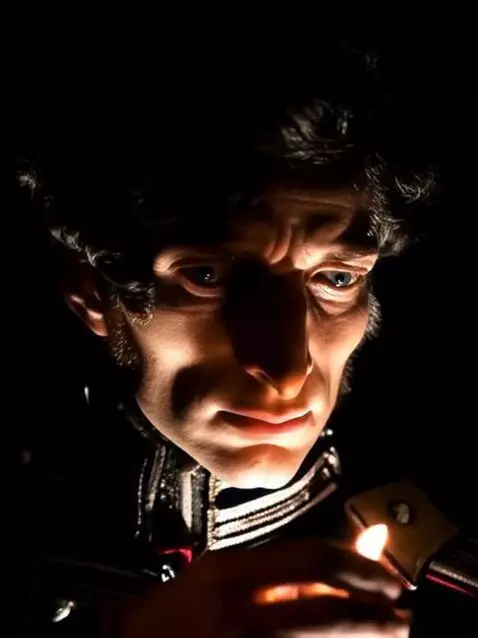 AI Video from prompt: The man brings a candle closer to his face and g