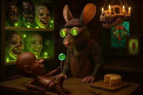 AI Video from prompt: The masks look at wooden doll as doll stands on 