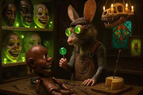 AI Video from prompt: The masks look at wooden doll as doll stands on 