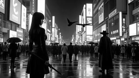 AI Video from prompt: Cinematic Japanese anime noir, pure black and wh