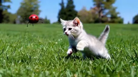 AI Video from prompt: Excited and happy kittens play with a ladybug fr