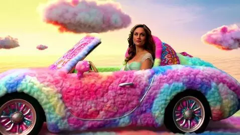 AI Video from prompt: A realistic woman in a fairy floss car