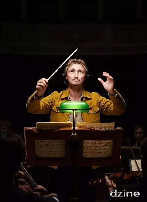 AI Video from prompt: The man sways his arms slowly and gently, conduc