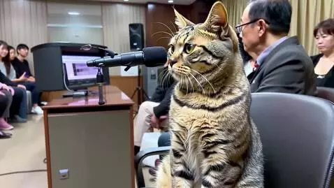 AI Video from prompt: Кот дает интервью на радио и рассказывает анекдо