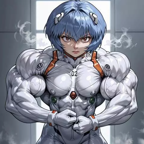 AI Video from prompt: Ayanami Rei bodysuit flexing, huge muscular, lea