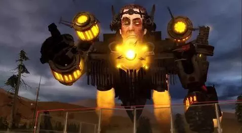 AI Video from prompt: A massive mechanical robot with a human face sta