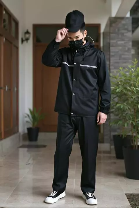 AI Video from prompt: Mengangkat kupluk ke atas kepala→ sambil menoleh