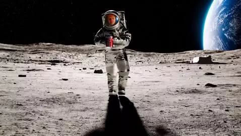 AI Video from prompt: Man walking on the moon surface with a coca cola