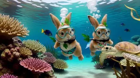 AI Video from prompt: Два милых пушистых зайца  плывут под водой. Он в