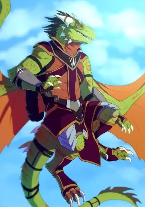 AI Video from prompt: Argonian lizard dude with wings hovering Looking