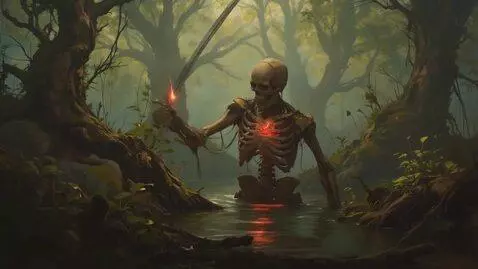 AI Video from prompt: The skeleton dips his sword arm into the water a