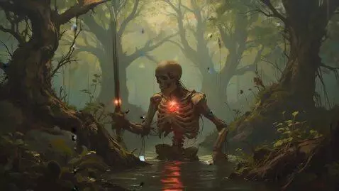 AI Video from prompt: The skeleton dips his sword arm into the water a