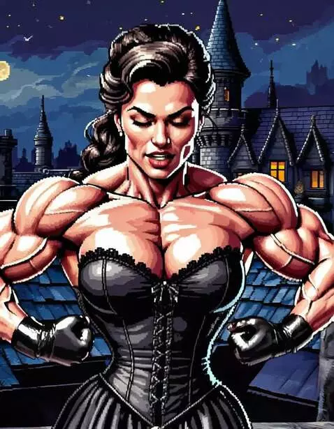 AI Video from prompt: bodybuilder female pixel art, flexing biceps, wa