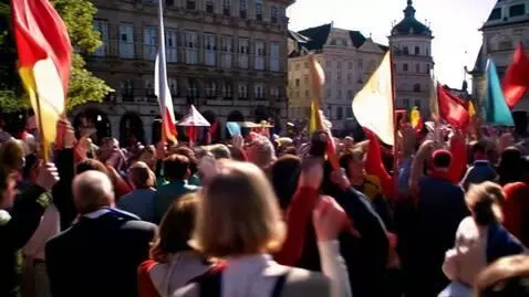 AI Video from prompt: A jubilant crowd of people on a bustling city sq