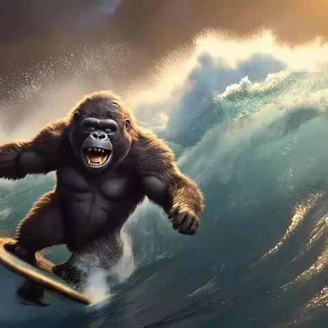 AI Video from prompt: Ape surfing  a huge wave and having fun